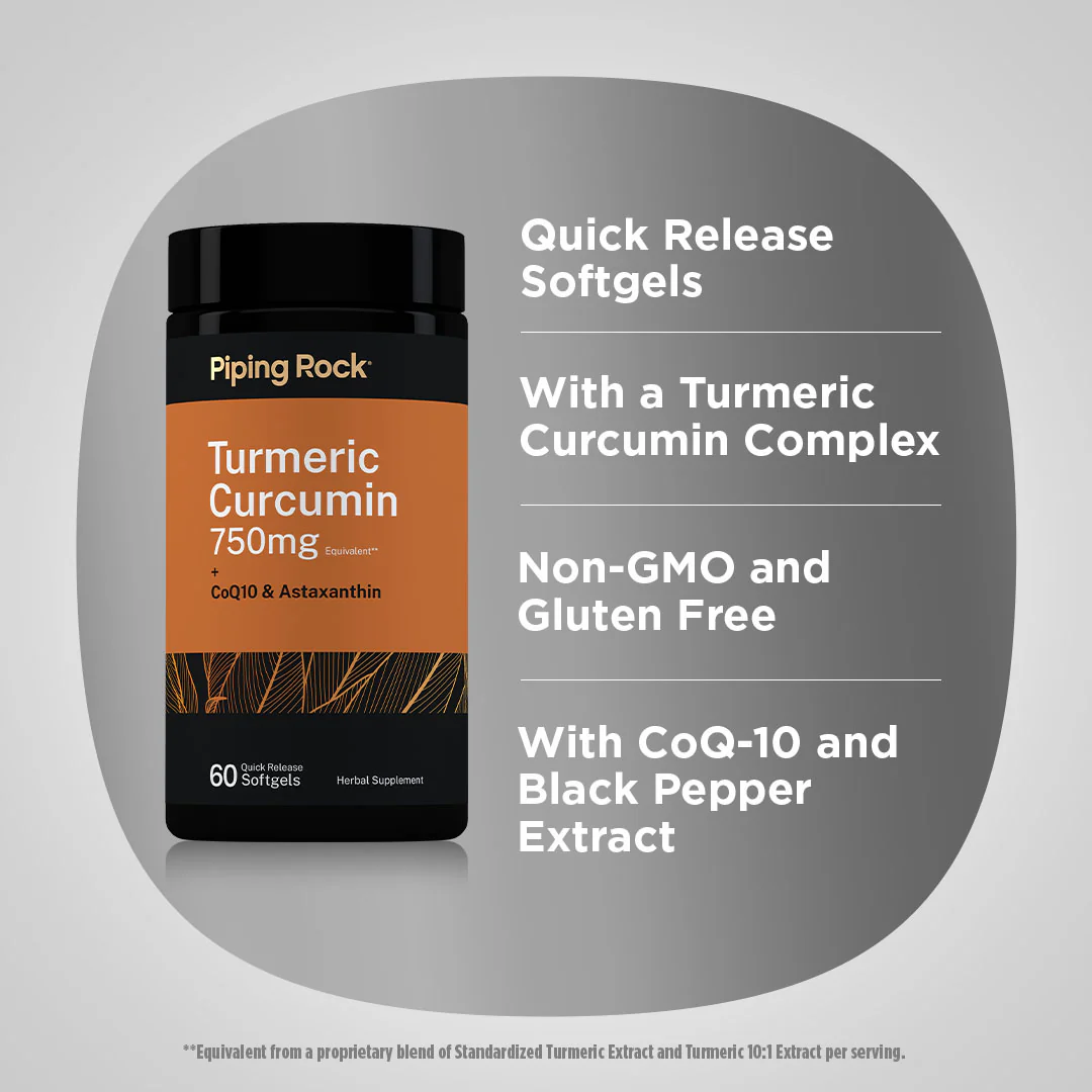 Turmeric Curcumin Plus Coq10 and Astaxanthin, 750 mg, 60 Quick Release Softgels - Image 3