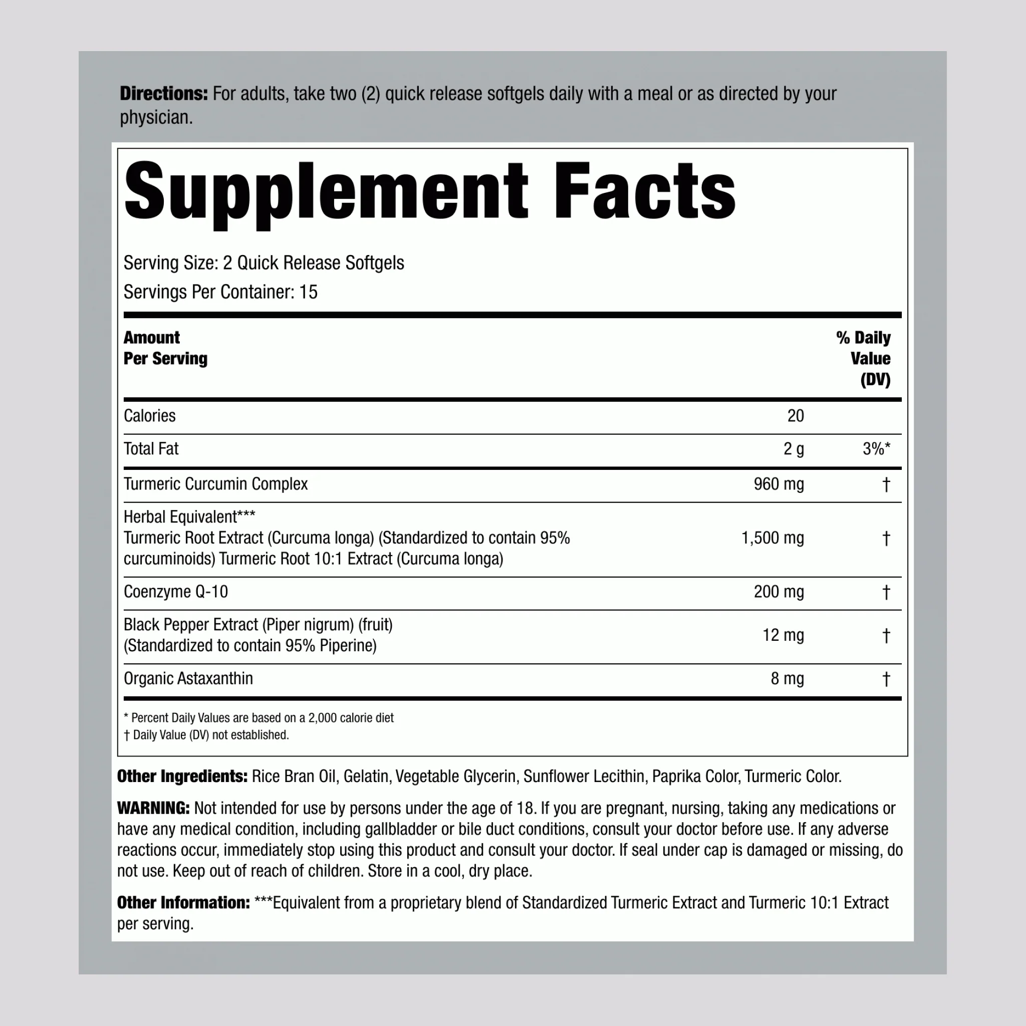 Turmeric Curcumin Plus Coq10 and Astaxanthin, 750 mg, 60 Quick Release Softgels, 2 Bottles - Image 2