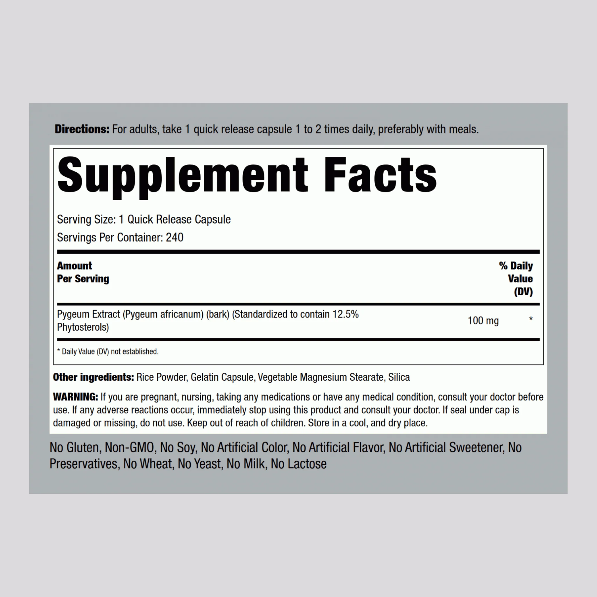 Ultra Standardized Pygeum, 100 mg, 240 Quick Release Capsules - Image 2