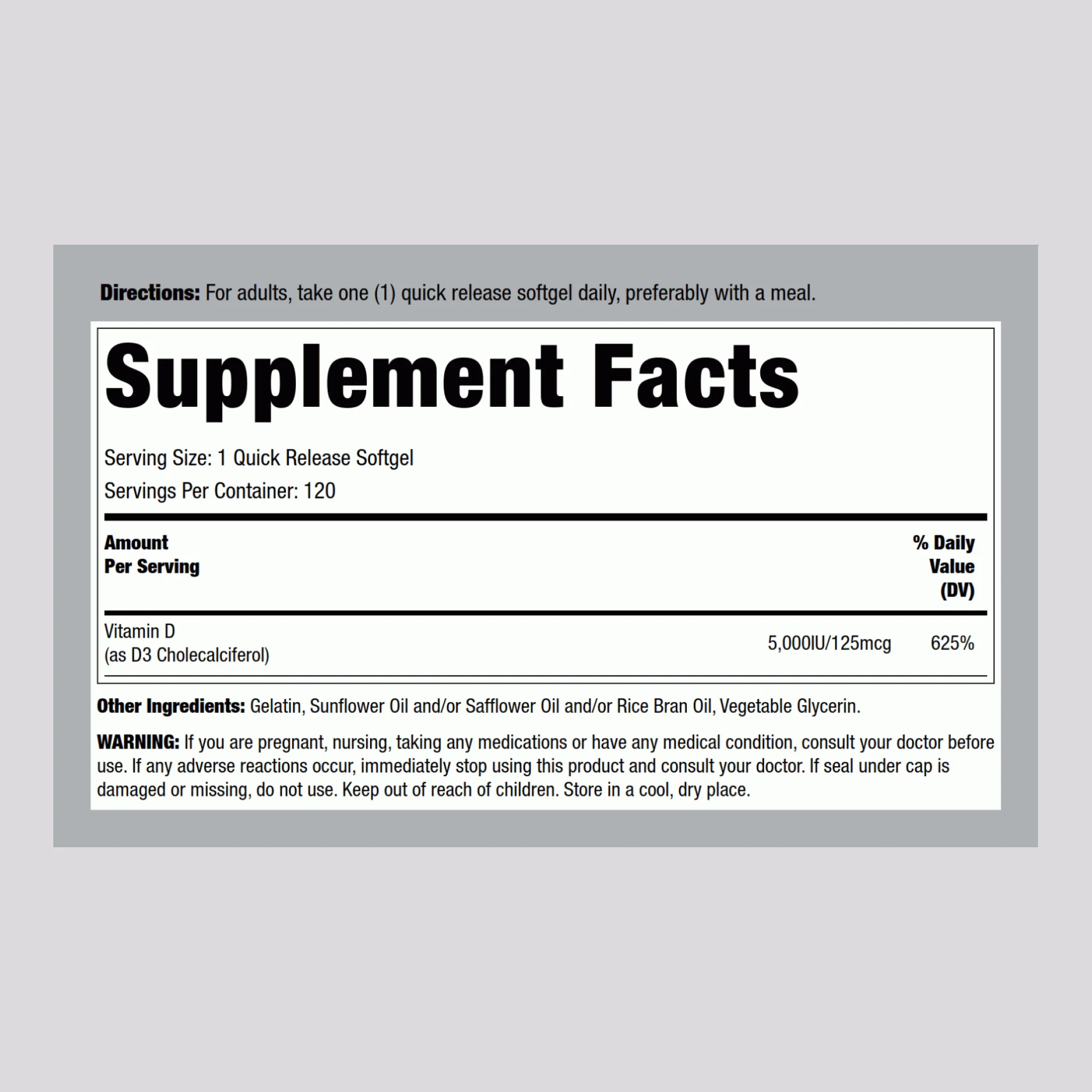 Vitamin D3, 5000 IU, 120 Quick Release Softgels - Image 2