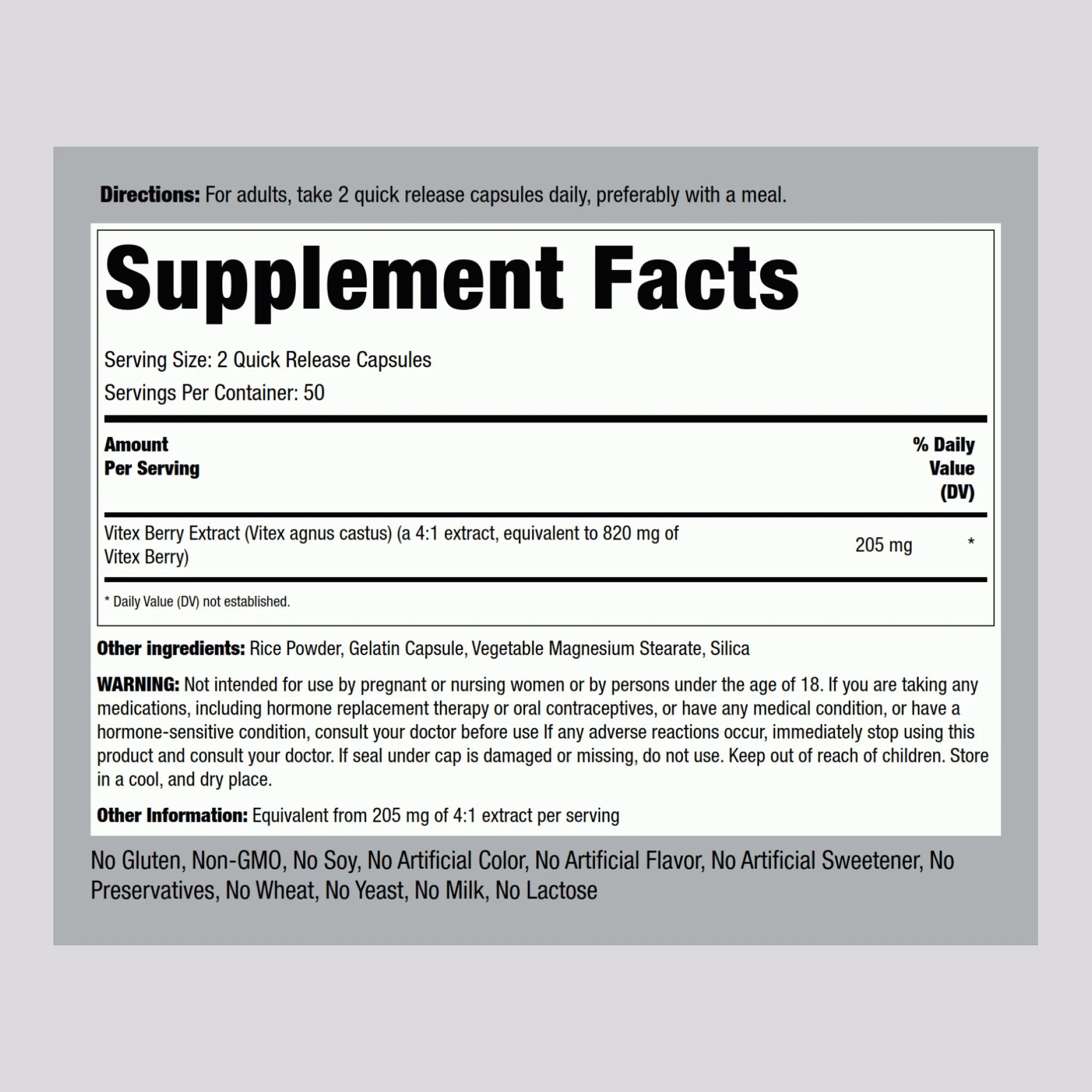 Vitex (Chasteberry Fruit), 820 mg (per serving), 100 Quick Release Capsules, 2 Bottles - Image 2